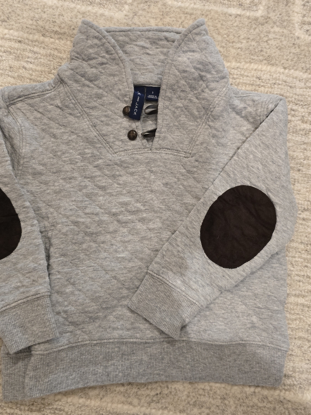 Janie and Jack Light Gray Quilted V-Neck Sweatshirt with Dark Elbow Patches
